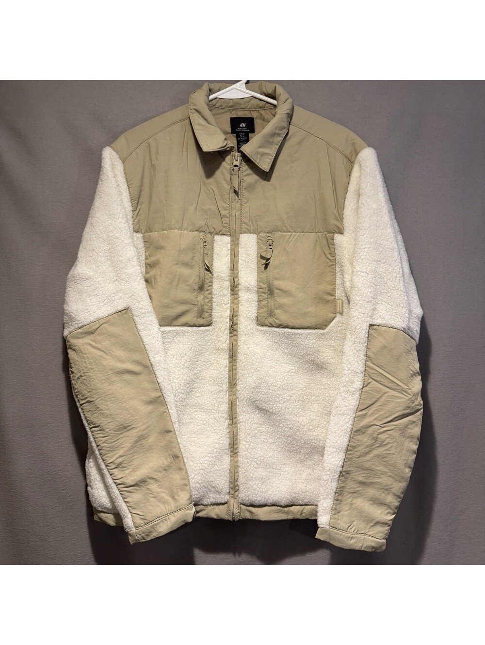 H&M Men’s Sherpa Fleece Jacket  Full Zipper Beige Woven Panels Pockets Size Med